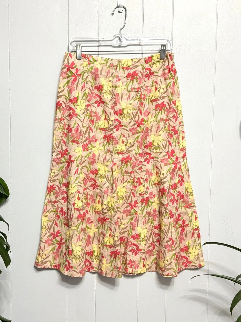 Linen & Cotton Floral A-Line Midi Skirt - Pink with Yellow & Red Flowers